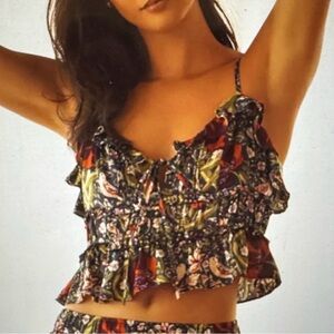 NWT Anthropologie LyreBird crop top jammy Multicolor Floral Ruffle Pajama Top